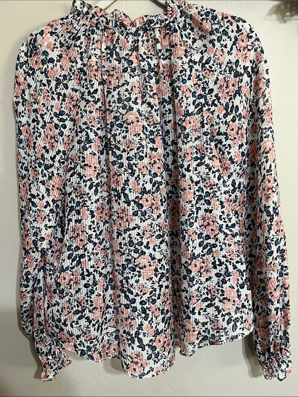 Veronica Beard Coral and Navy Floral Ruffle V-Neck Blouse - Picture 6 of 8